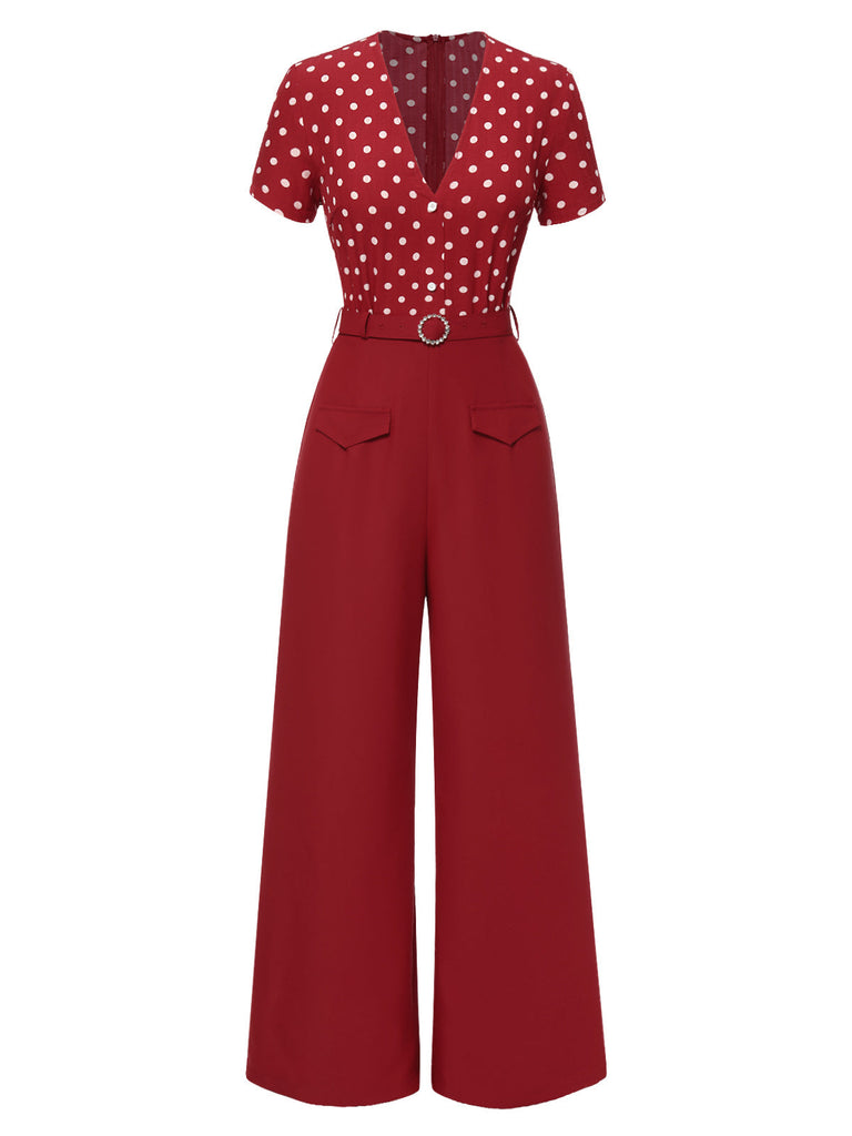 [Vorverkauf] Rot 1960er Polka Dots Tief-V Jumpsuit