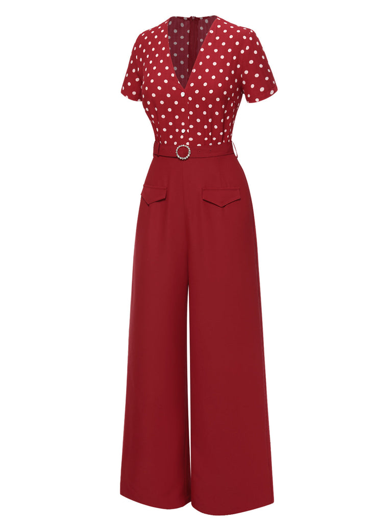 [Vorverkauf] Rot 1960er Polka Dots Tief-V Jumpsuit