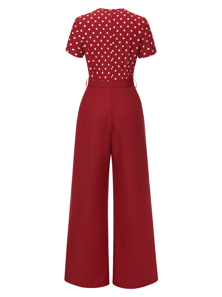 [Vorverkauf] Rot 1960er Polka Dots Tief-V Jumpsuit