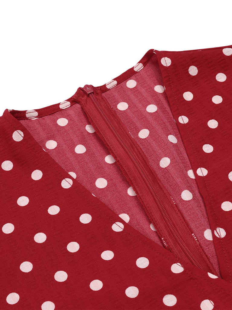 [Vorverkauf] Rot 1960er Polka Dots Tief-V Jumpsuit