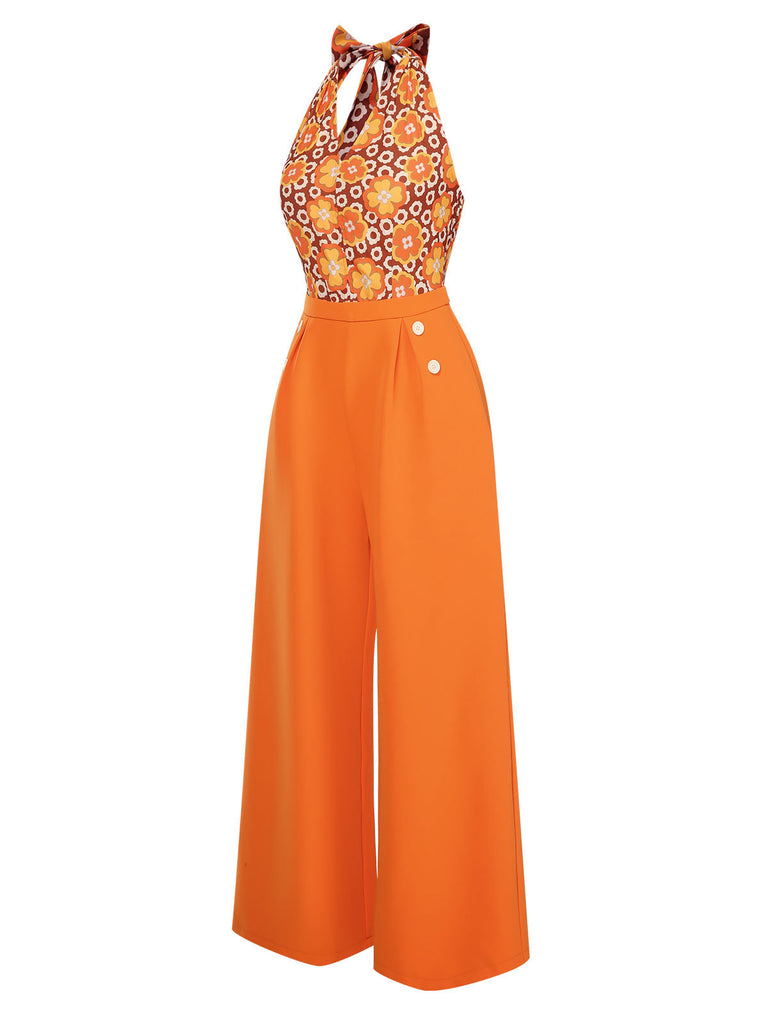 [Vorverkauf] Orange 1960er Blumen Halter Jumpsuit