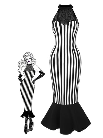 Schwarz 1930er Beetlejuice Kostüm Spinnennetz Streifen Fischschwanz Kleid