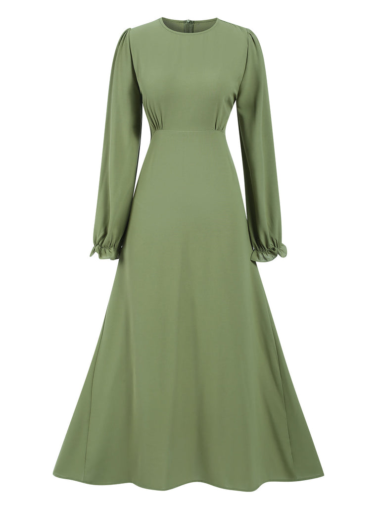 1940er Solide Lange Ärmel A-Linie Kleid