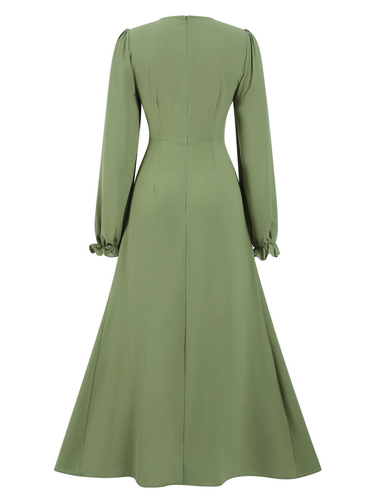 1940er Solide Lange Ärmel A-Linie Kleid