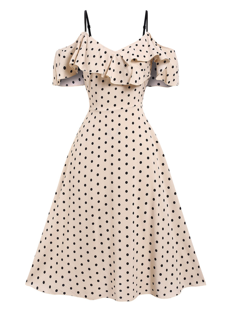 Beige 1940er Spaghetti Träger Kalte Schulter Polka Dots Kleid