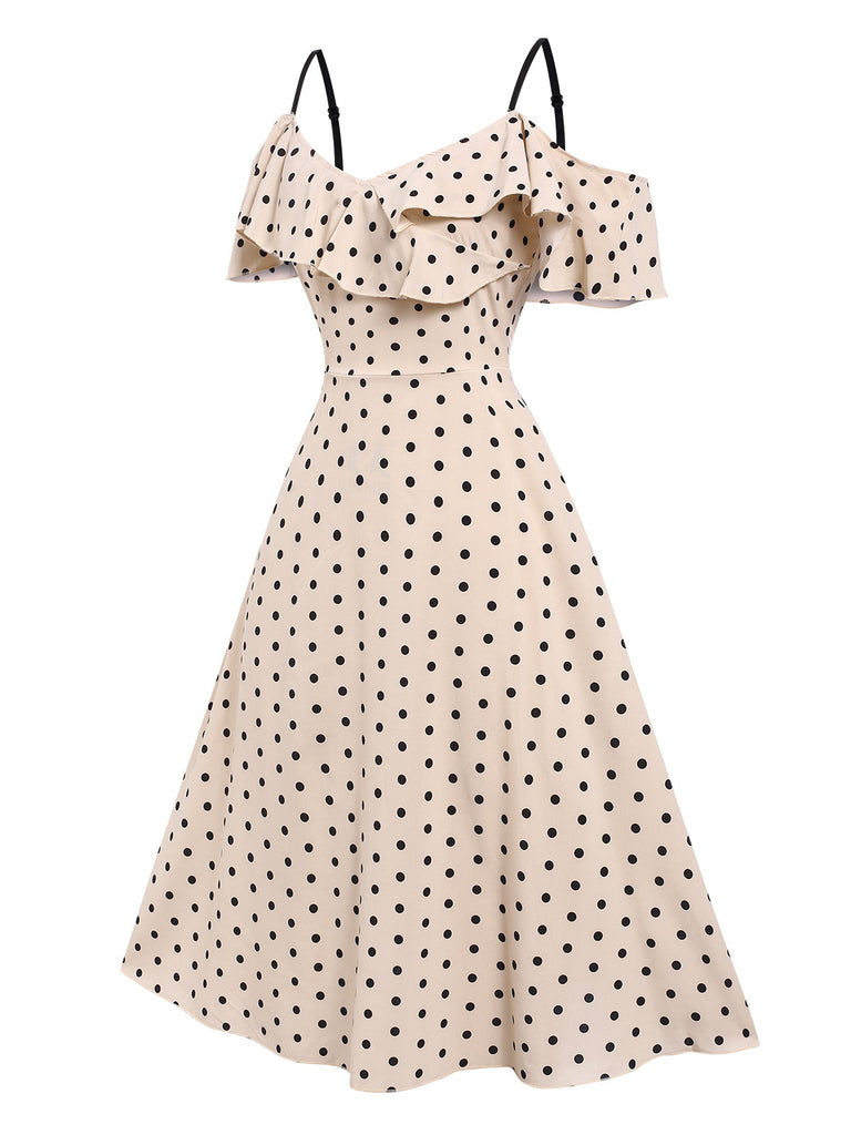 Beige 1940er Spaghetti Träger Kalte Schulter Polka Dots Kleid