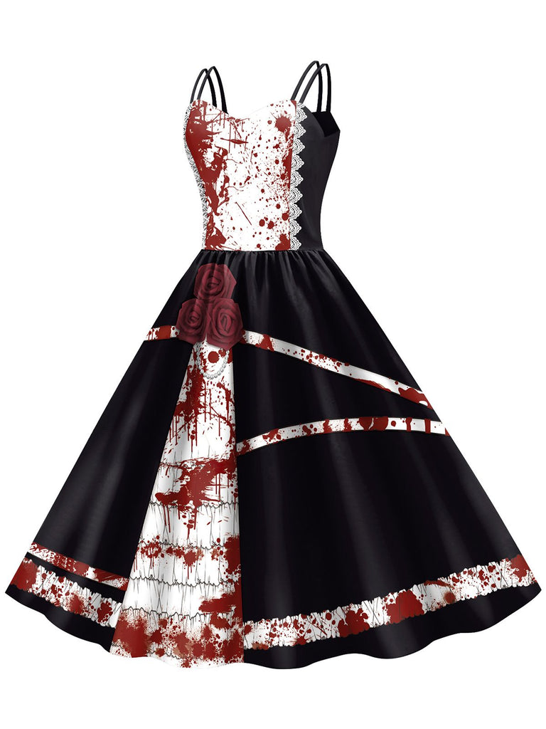 Weiß 1950er Halloween Roses Blut Doppelte Träger Kleid