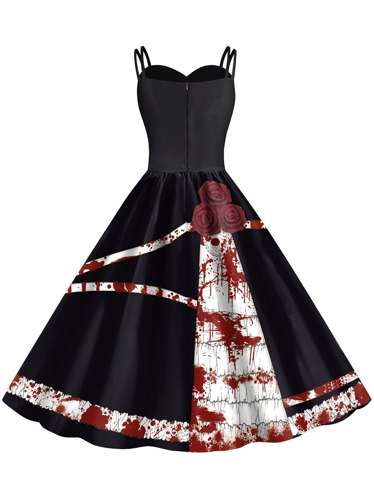 Weiß 1950er Halloween Roses Blut Doppelte Träger Kleid