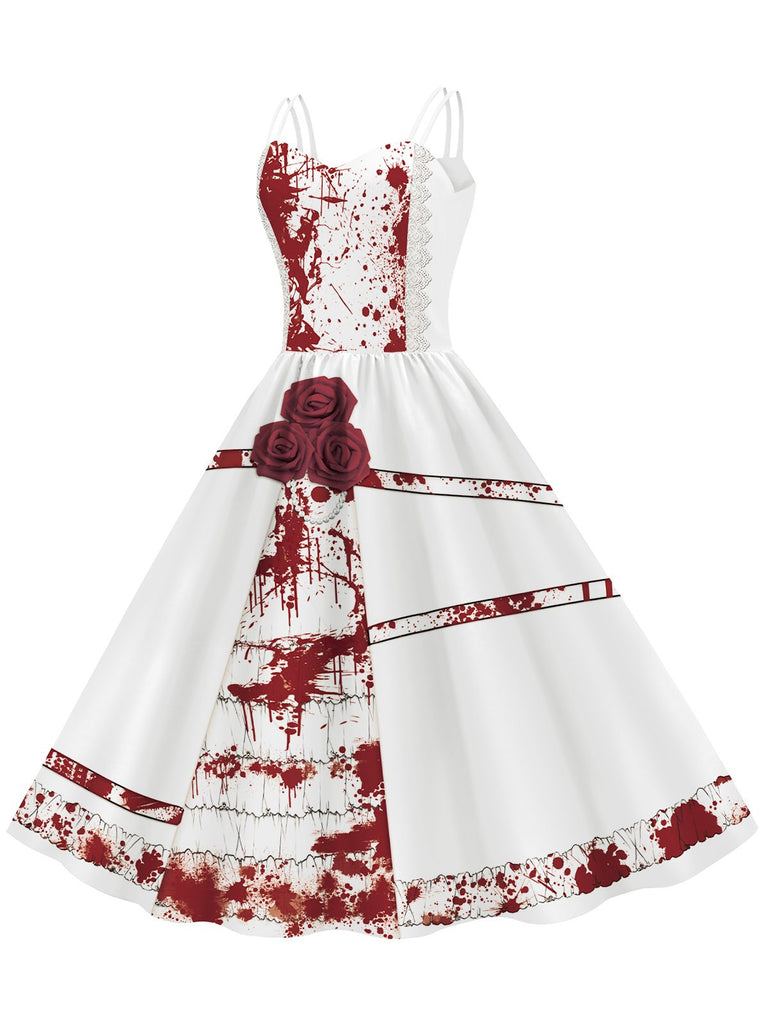 Weiß 1950er Halloween Roses Blut Doppelte Träger Kleid