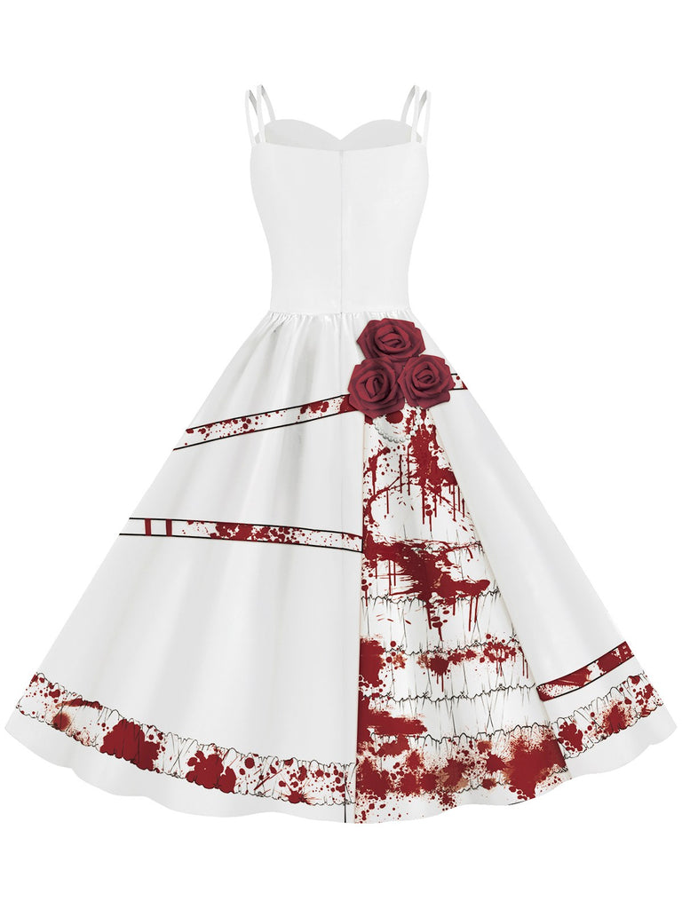 Weiß 1950er Halloween Roses Blut Doppelte Träger Kleid