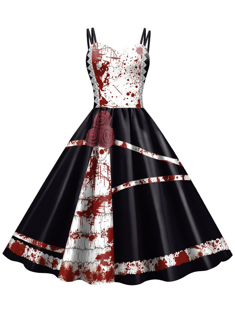 Weiß 1950er Halloween Roses Blut Doppelte Träger Kleid