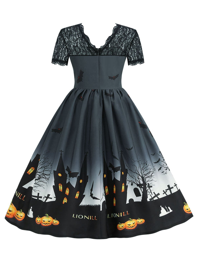 1950er Halloween Spitze Patchwork Kurze Ärmel Kleid