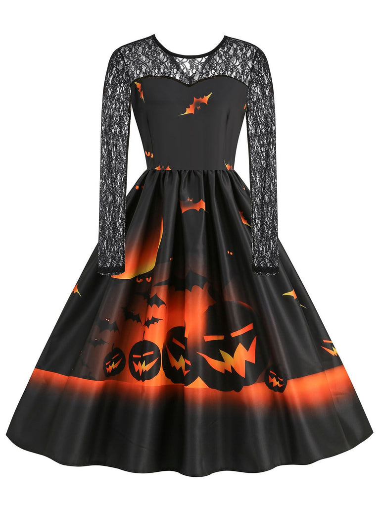 1950er Halloween Spitze-Ärmel Patchwork Kleid