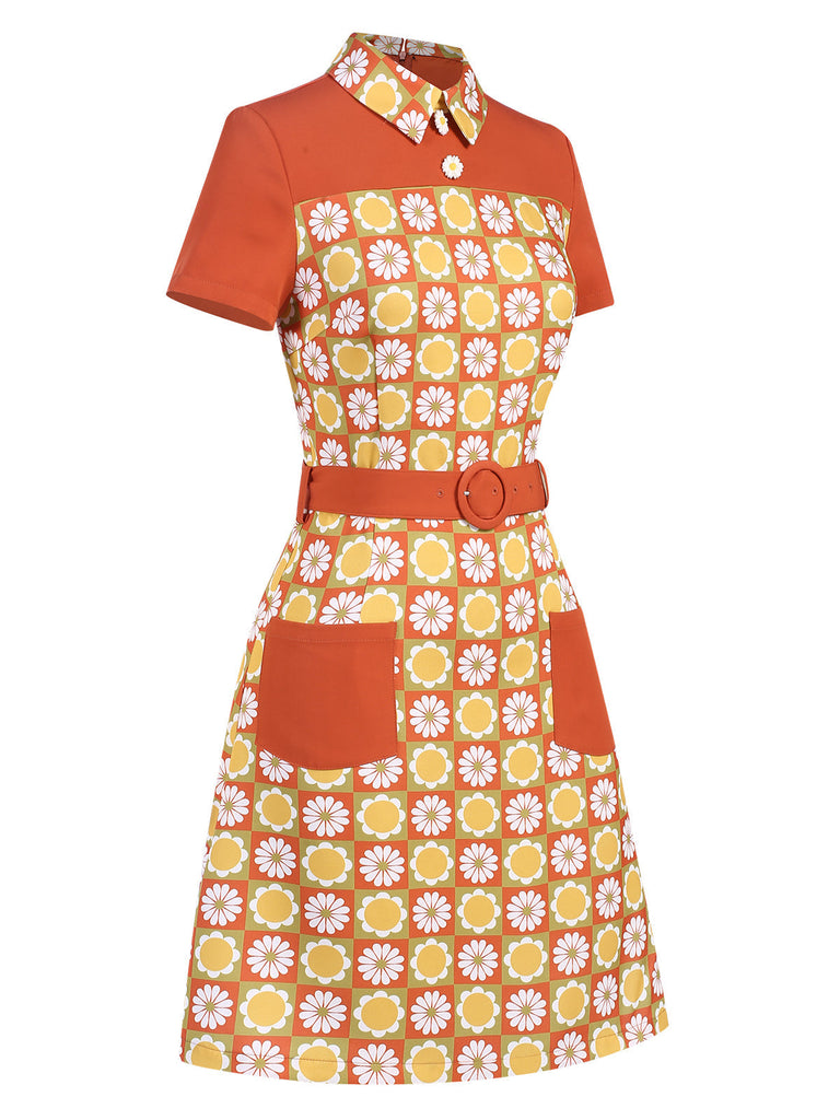 [Vorverkauf] Multicolor 1960er Gänseblümchen Revers Gürtel Kleid