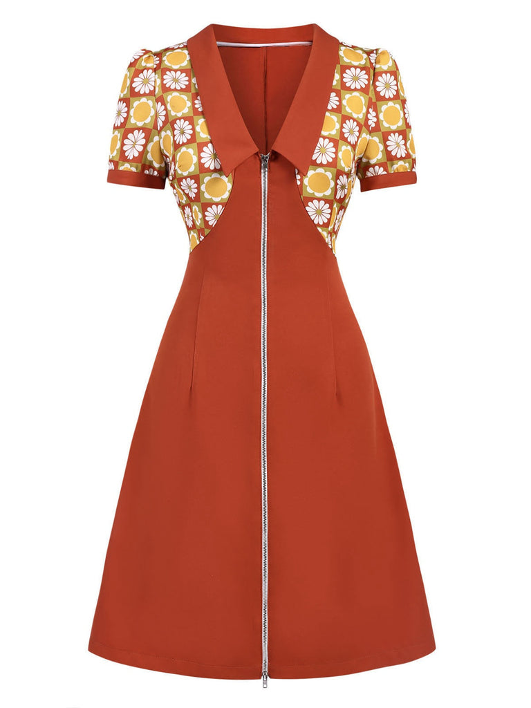 [Vorverkauf] Orange 1960er Gänseblümchen Patchwork Revers Kleid