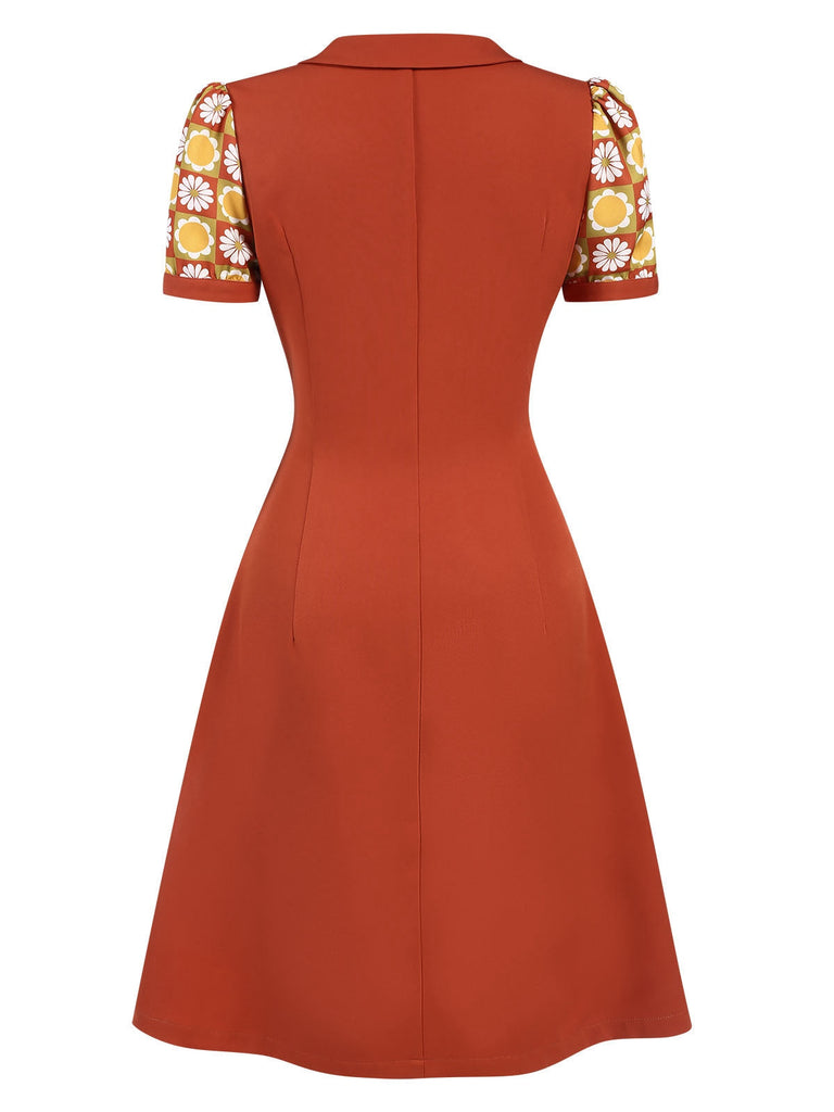 Orange 1960er Gänseblümchen Patchwork Revers Kleid