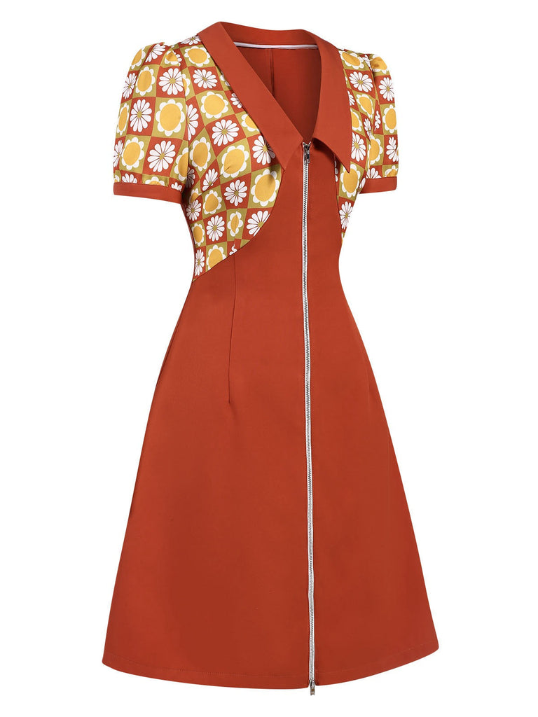 Orange 1960er Gänseblümchen Patchwork Revers Kleid