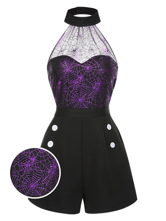Schwarz 1950er Halloween Spinnennetz Masche Halter Romper
