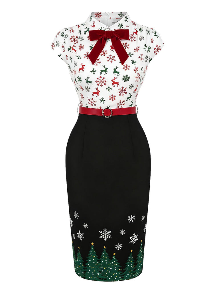 [Vorverkauf] Schwarz 1960er Weihnachtsbaum Rentier Bleistift Kleid