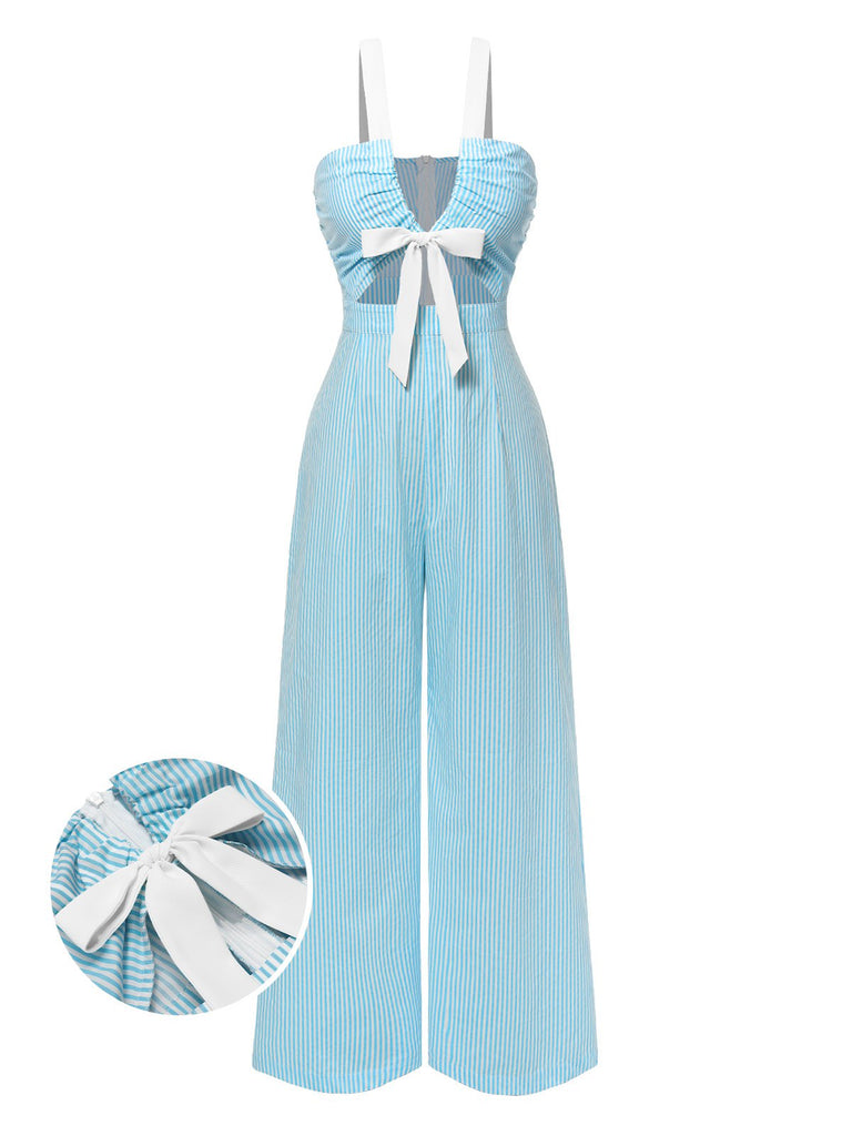 [Vorverkauf] Blau 1950er Bogenknot Nadelstreifen Tiefer V-Ausschnitt Jumpsuit