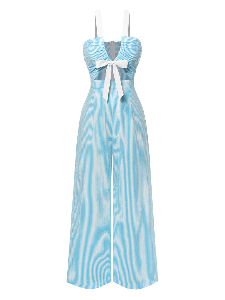 [Vorverkauf] Blau 1950er Bogenknot Nadelstreifen Tiefer V-Ausschnitt Jumpsuit