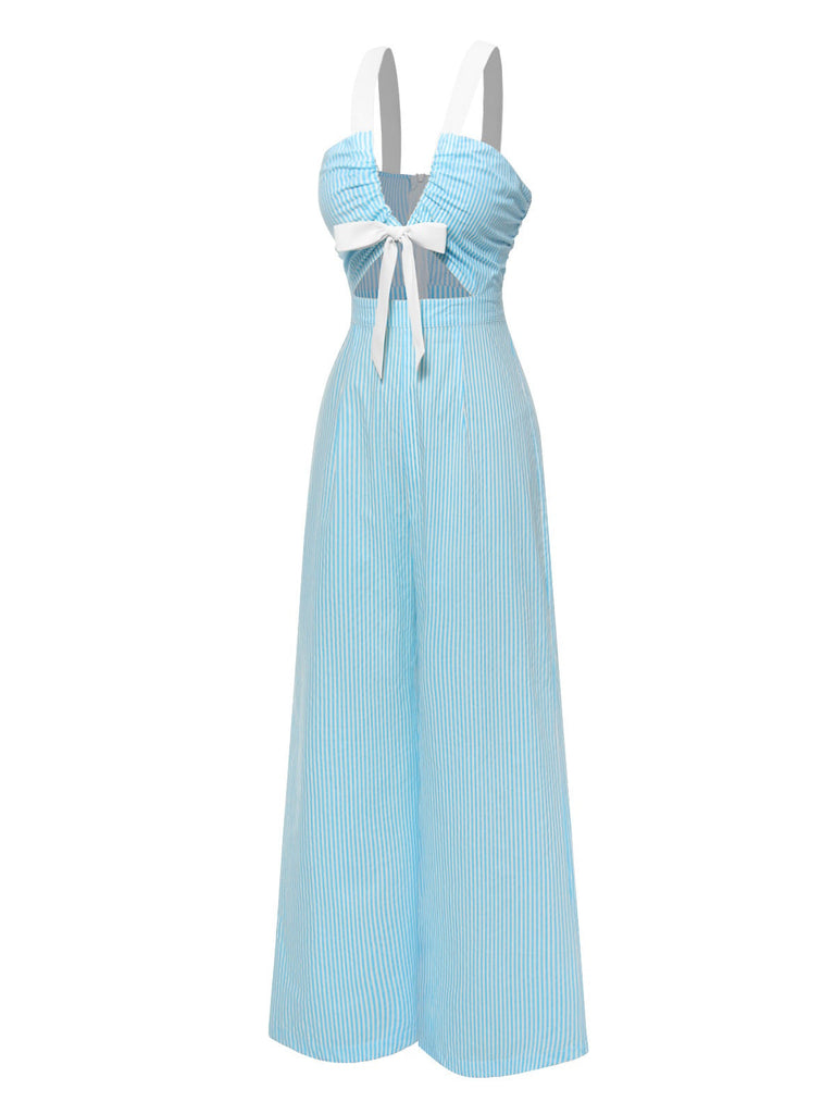 [Vorverkauf] Blau 1950er Bogenknot Nadelstreifen Tiefer V-Ausschnitt Jumpsuit