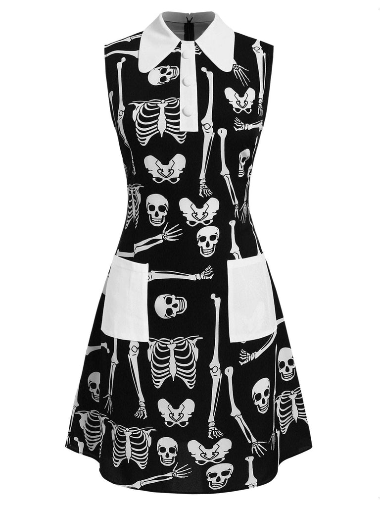 [Vorverkauf] Schwarz 1960er Halloween Skelett Revers Mod Kleid