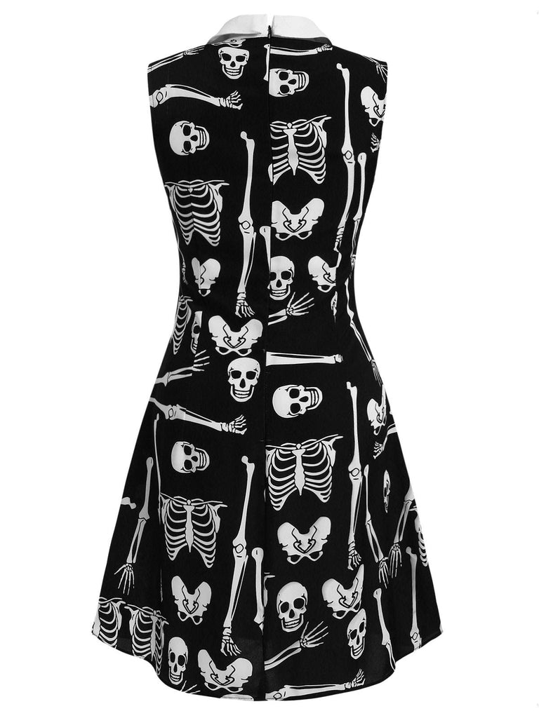 [Vorverkauf] Schwarz 1960er Halloween Skelett Revers Mod Kleid