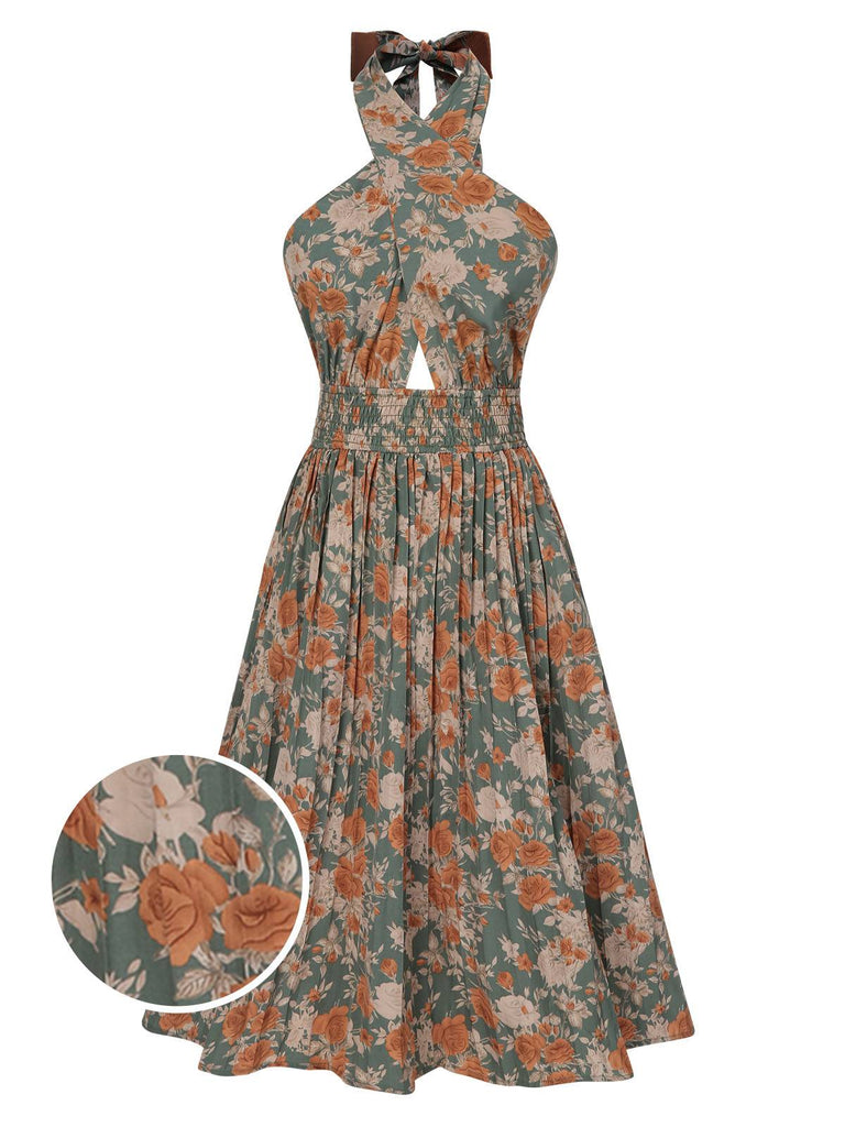 1940er Blumen Halter Wickeln Plissiertes Kleid