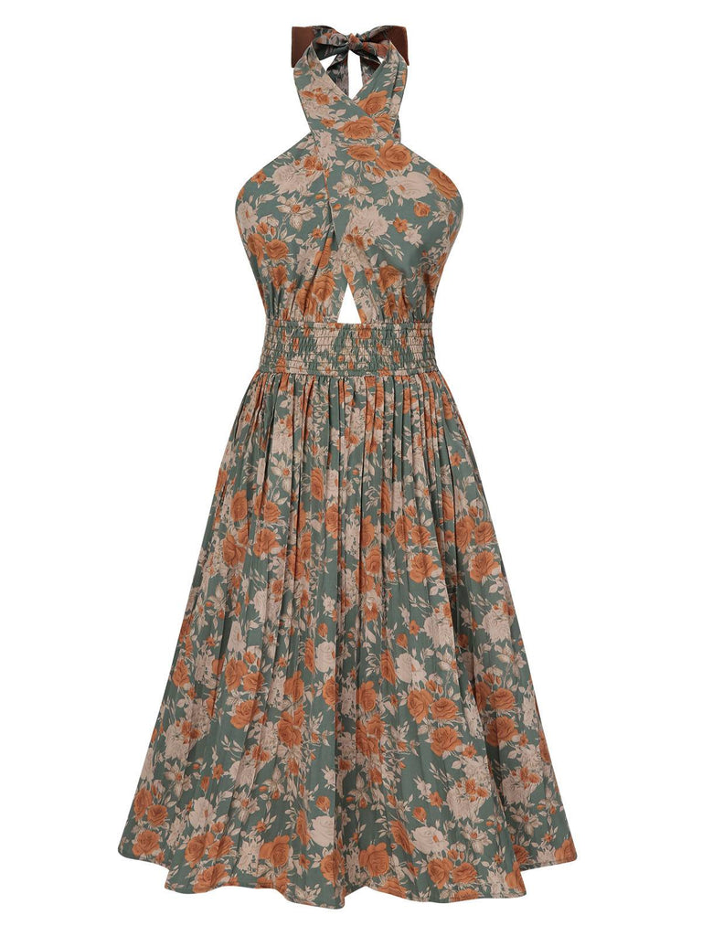 1940er Blumen Halter Wickeln Plissiertes Kleid