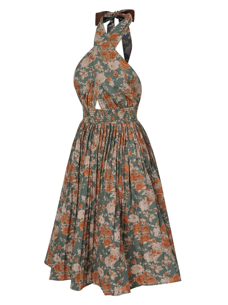 1940er Blumen Halter Wickeln Plissiertes Kleid