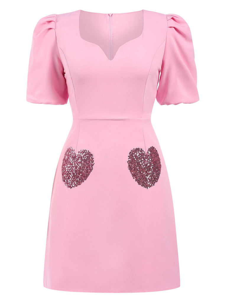 [Vorverkauf] Rosa 1960er V-Ausschnitt Puff Pailletten Herz Kleid