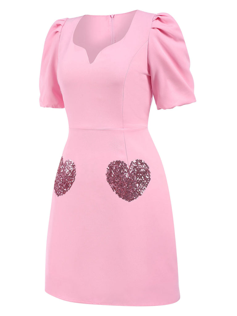 [Vorverkauf] Rosa 1960er V-Ausschnitt Puff Pailletten Herz Kleid