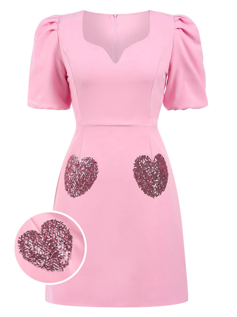 [Vorverkauf] Rosa 1960er V-Ausschnitt Puff Pailletten Herz Kleid