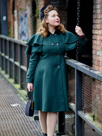 Grün 1930er Zweireihig Gürtel Mantel Mit Umhang