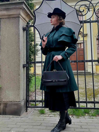 Grün 1930er Zweireihig Gürtel Mantel Mit Umhang