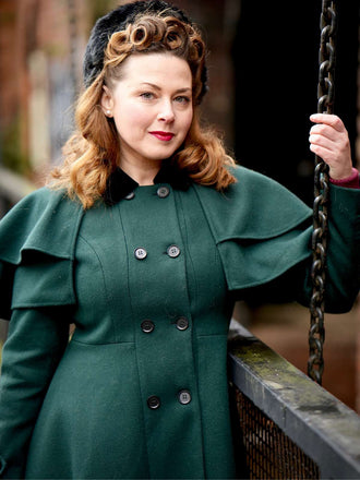 Grün 1930er Zweireihig Gürtel Mantel Mit Umhang