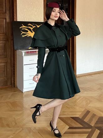 Grün 1930er Zweireihig Gürtel Mantel Mit Umhang