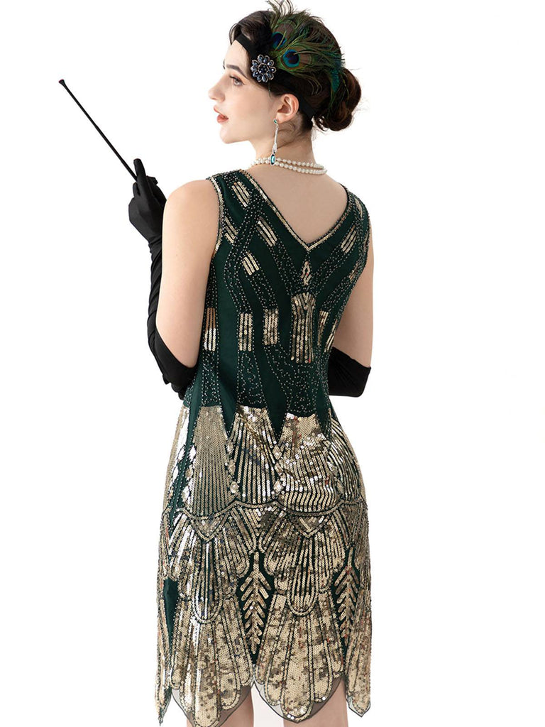 Dunkelgrün 1920er V-Ausschnitt Pailletten Flapper Kleid