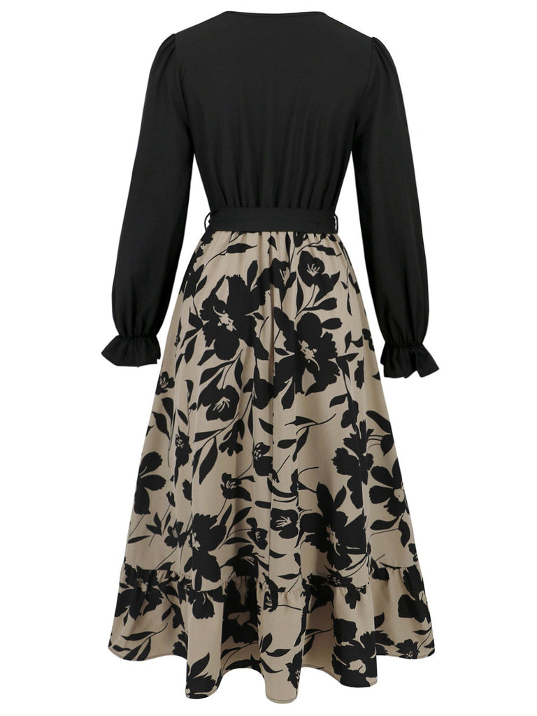 Schwarz 1940er Blumen Silhouette Langärmliges Kleid