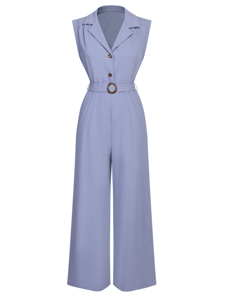 Blau 1950er Solide Flügelärmel Revers Jumpsuit