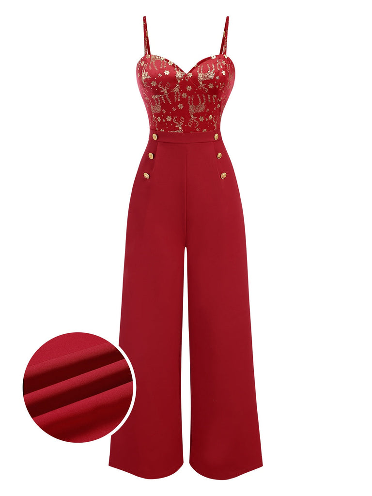 [Vorverkauf] Rot 1930er Weihnachten Elch Samt Jumpsuit