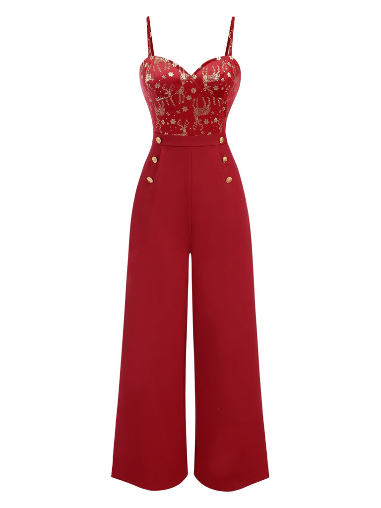 [Vorverkauf] Rot 1930er Weihnachten Elch Samt Jumpsuit