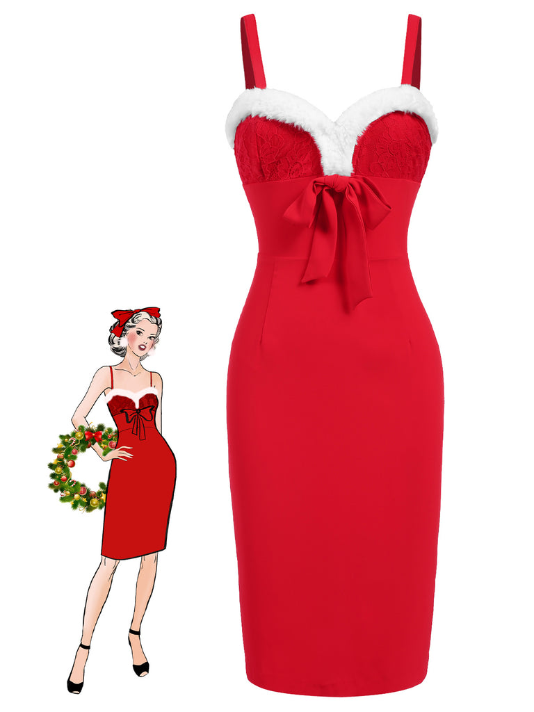 [Vorverkauf] Rot 1960er Spaghetti Träger Weihnachten Plüschspitze Kleid