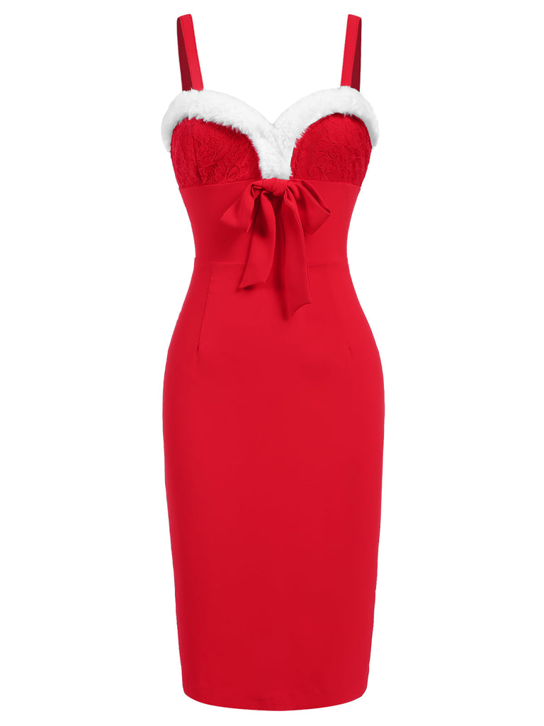 [Vorverkauf] Rot 1960er Spaghetti Träger Weihnachten Plüschspitze Kleid