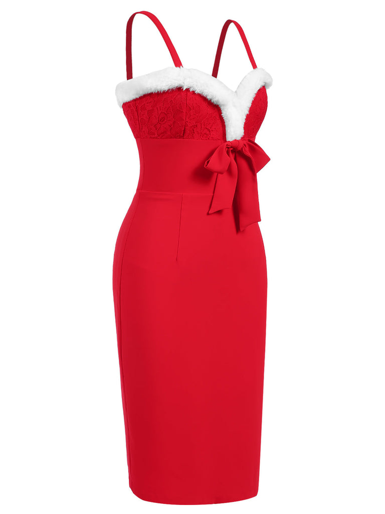 [Vorverkauf] Rot 1960er Spaghetti Träger Weihnachten Plüschspitze Kleid