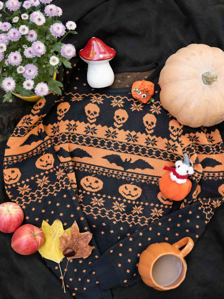 Schwarz 1970er Halloween Schädel Schläger Kurzer Pullover