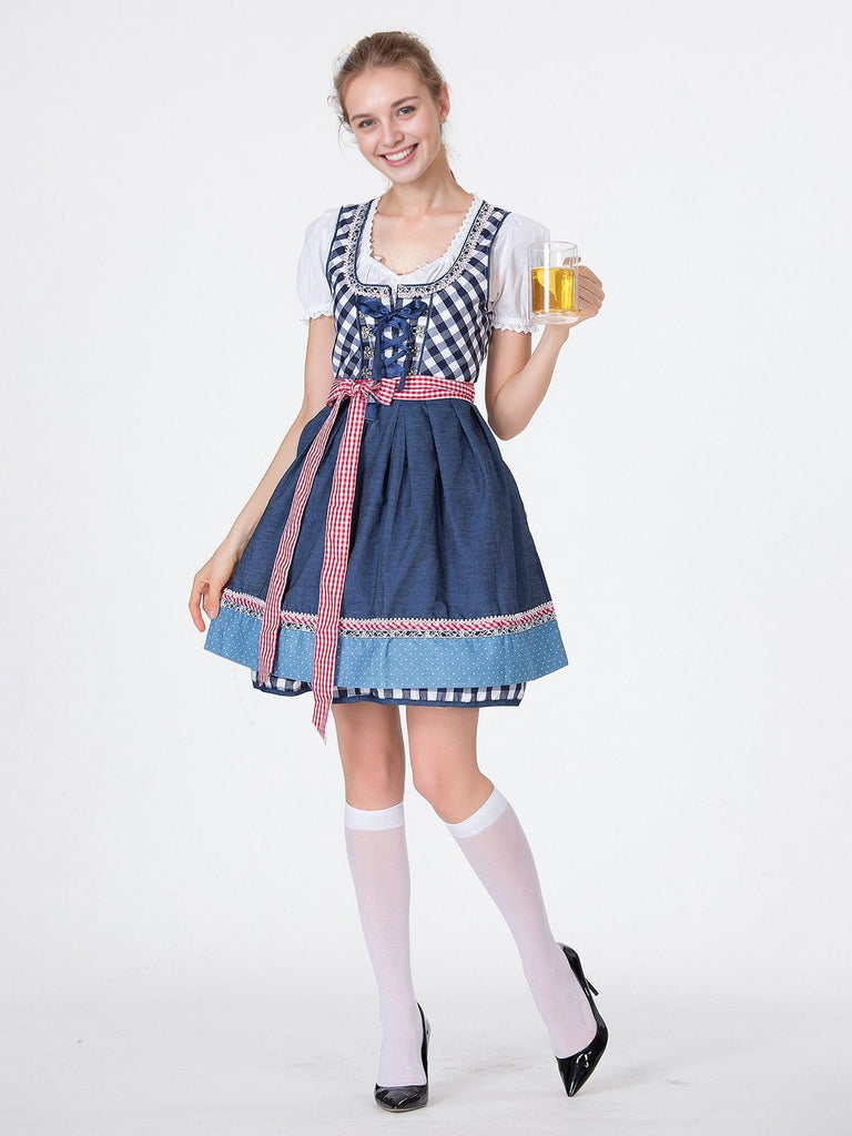 2PCS Blau 1950er Oktoberfest Puff Weiß Top & Gingham Kleid & Schürze