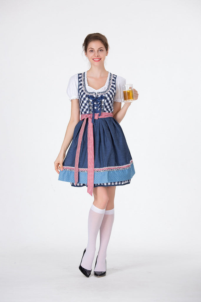 2PCS Blau 1950er Oktoberfest Puff Weiß Top & Gingham Kleid & Schürze