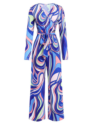 Blau 1980er Psychedelischer Druck Taillenbund Jumpsuit